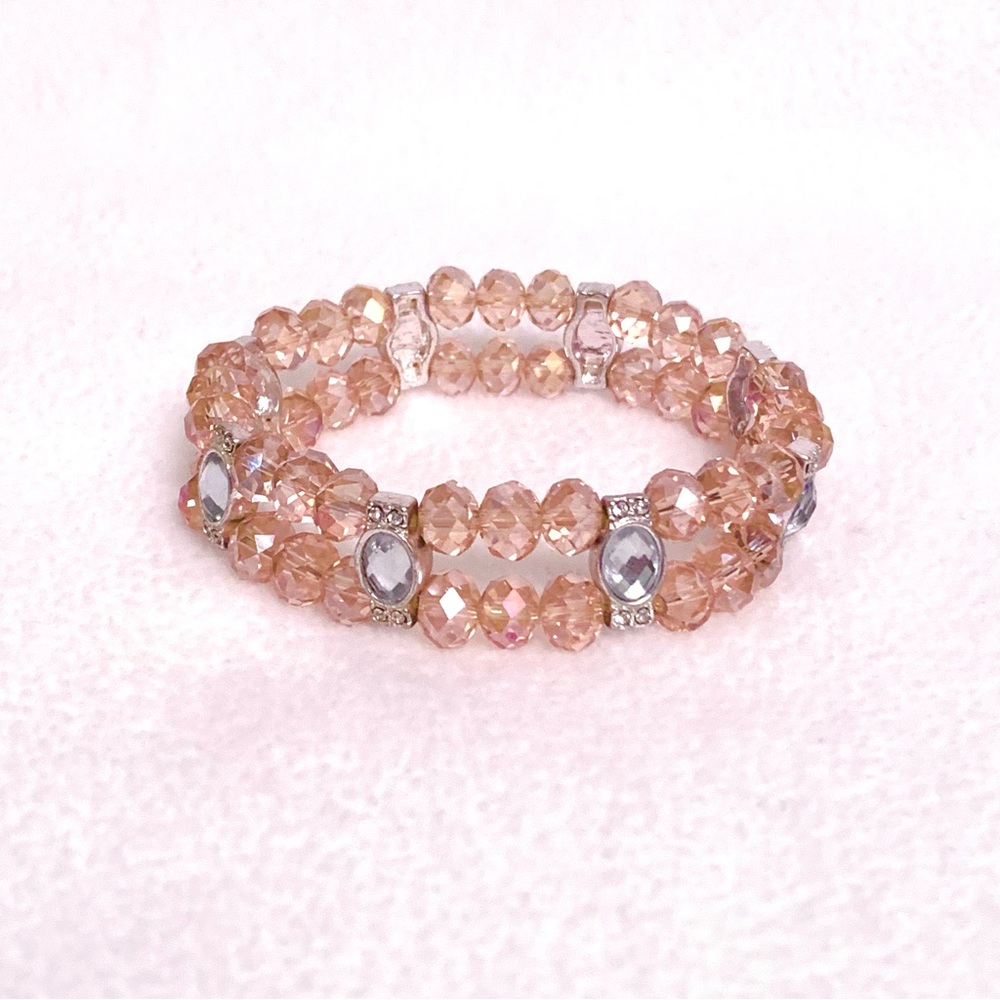 Double Strand Sparkly Iridescent Pink Bead Bling Stretch Bracelet - Picture 2 of 4